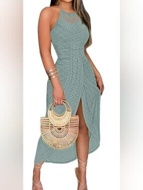 Chic Me Sleeveless Eyelet Maxi Dress in Sage Green